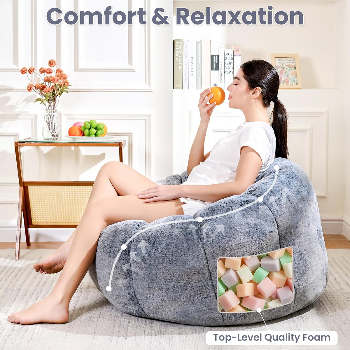 Bean Bag Chair with Filler, Faux Fur Comfy Chair with Petal Armrest Fluffy Lounge Chair for Bedroom, Living Room, Dorm, Game - Grey, Large, Low Support