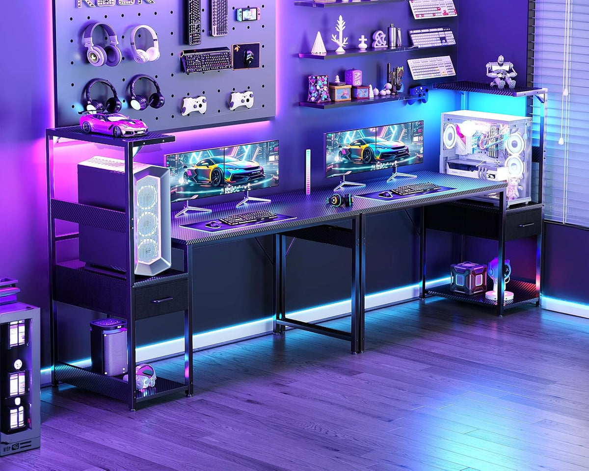 Casaottima 48 Inch Gaming Desk with Storage & LED Lights, Reversible Computer Desk with Display Shelves & Fabric Drawer, Modern Gamer Desk Table with Side Headphone Hook, Carbon Fiber Black