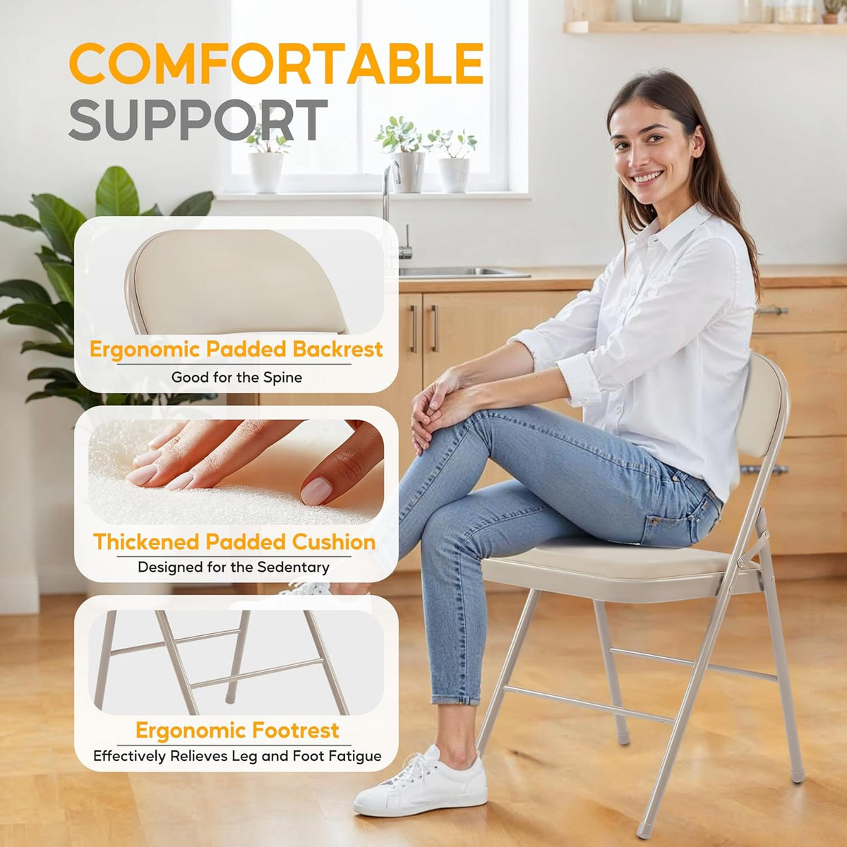 HealSmart 2 Pack Folding Chairs with Padded Leather Cushion Seats, Sturdy Metal Frame, Stackable Portable Design for Indoor Outdoor Use, Commercial Event Party Office Home Chairs, Kahki