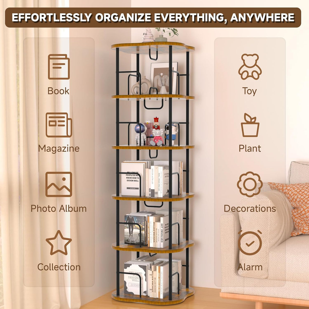 5-Tier Rotating Book Shelf, 360° Display Spinning Bookshelf Tower, Book Organizer, Floor Standing Bookcases for Small Space, Corner Book Shelf for Bedroom, Living Room, Study Room (RUSTIC BROWN)
