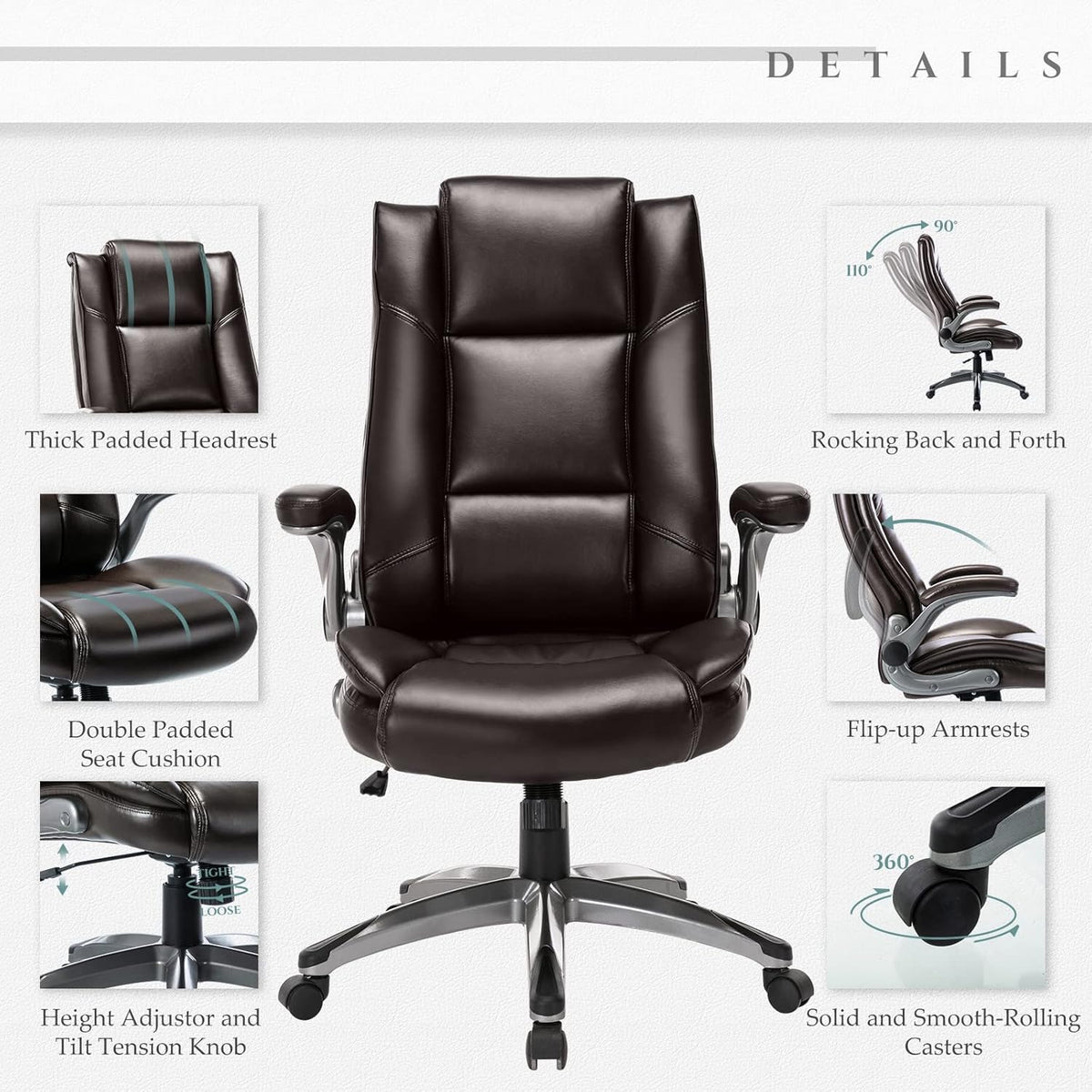 Leather Executive Office Chair - High Back Home Computer Desk Chair with Padded Flip-up Arms, Adjustable Tilt Lock, Swivel Rolling Ergonomic Chair for Adult Working Study, Brown