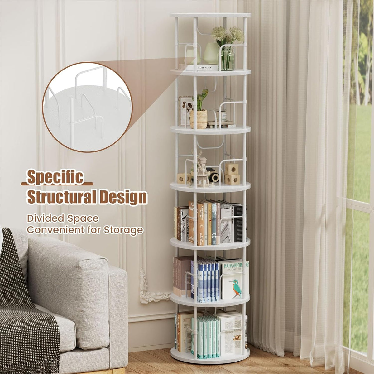 6 Tier Rotating Bookshelf, 360 ° Display Stackable Spinning Bookshelf Tower, Corner Bookshelf Tall Floor Standing Swivel Bookcase Narrow Storage Organizer for Bedroom, Living Room, White