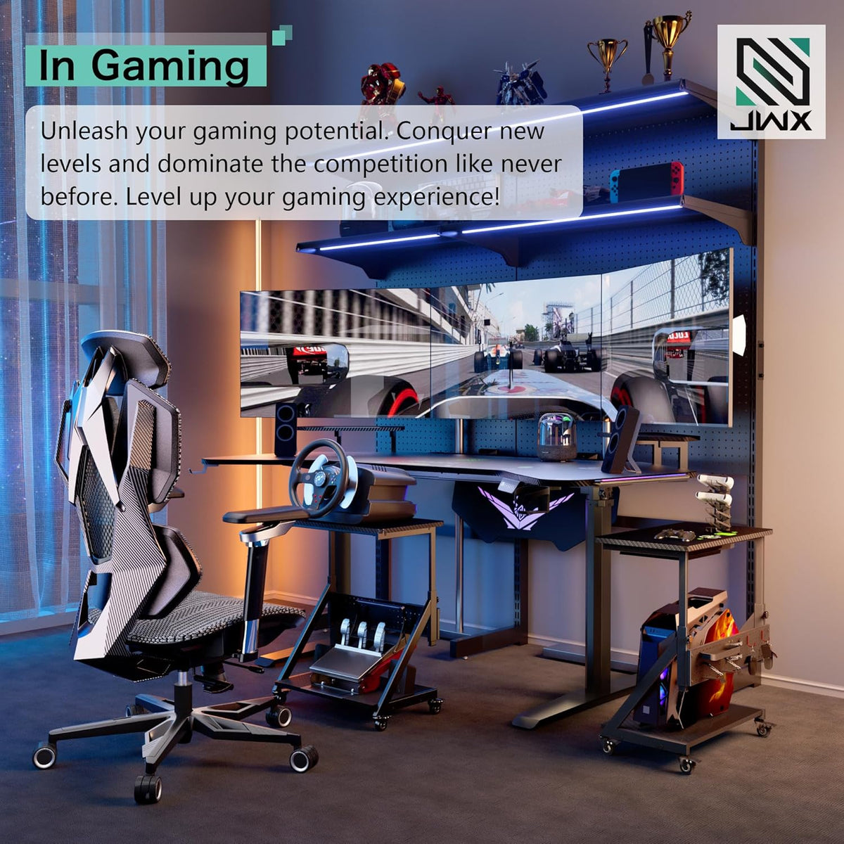 JWX Dual Motor Standing Gaming Desk with Aluminum Alloy Led Lights, 72'' Wing Shaped Large Gaming Studio Music Desk with Slot Design Shelves, for Streamer, Social Media Influencer & Music Recording
