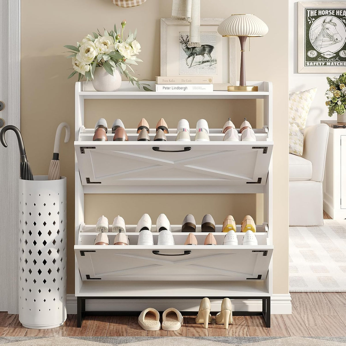 Maupvit Shoe Storage Cabinet with 2 Flip Drawers, Freestanding Organizer with Metal Legs for Entryway, Narrow Shoe Rack Cabinet, Black White