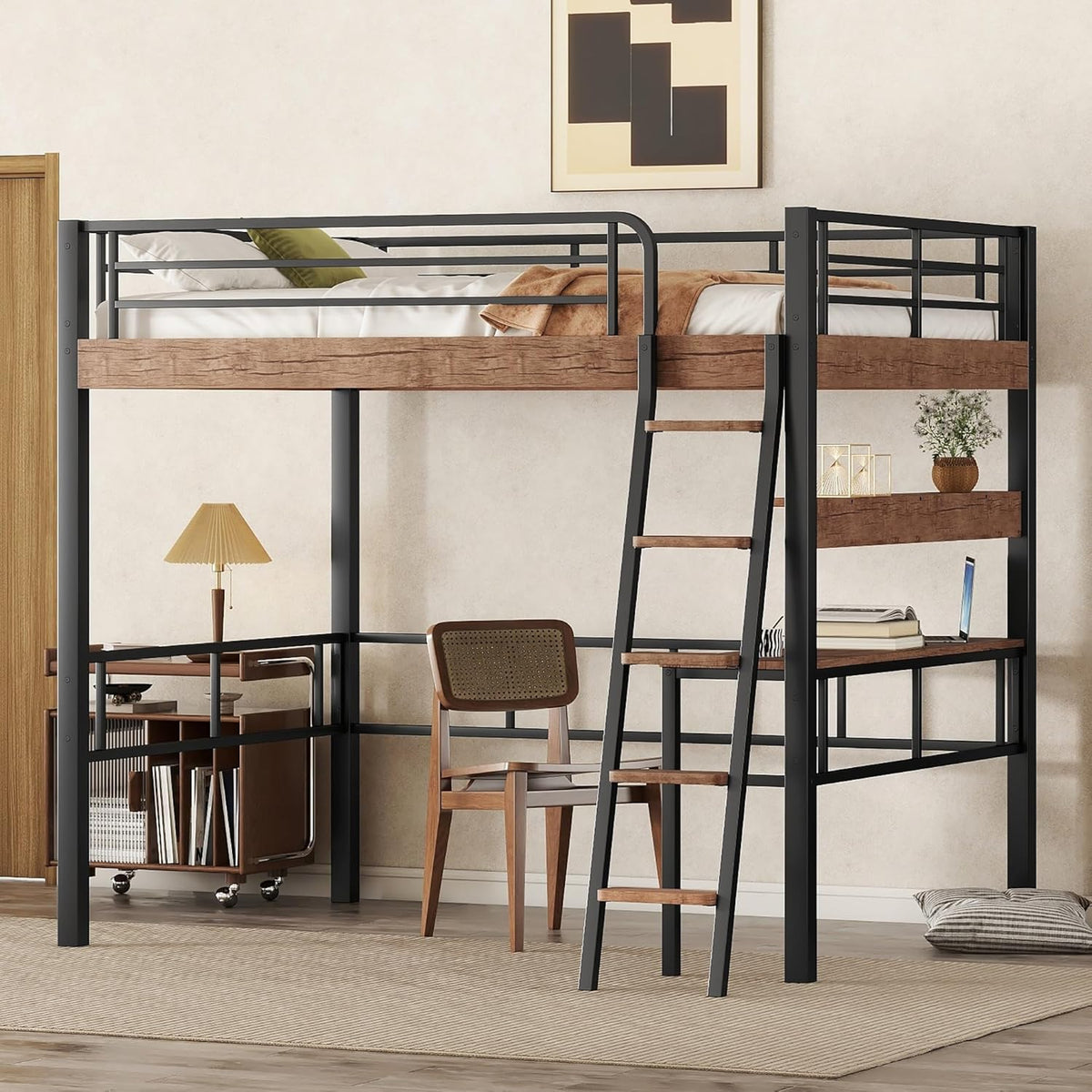 Metal Full Size Loft Bed with Built-in Desk,Storage Shelf and Ladder,Full-Length Guardrails and Secured Metal Slats, High LoftBed W/Large Storage Space for Kids Teens Adults Bedroom,Black