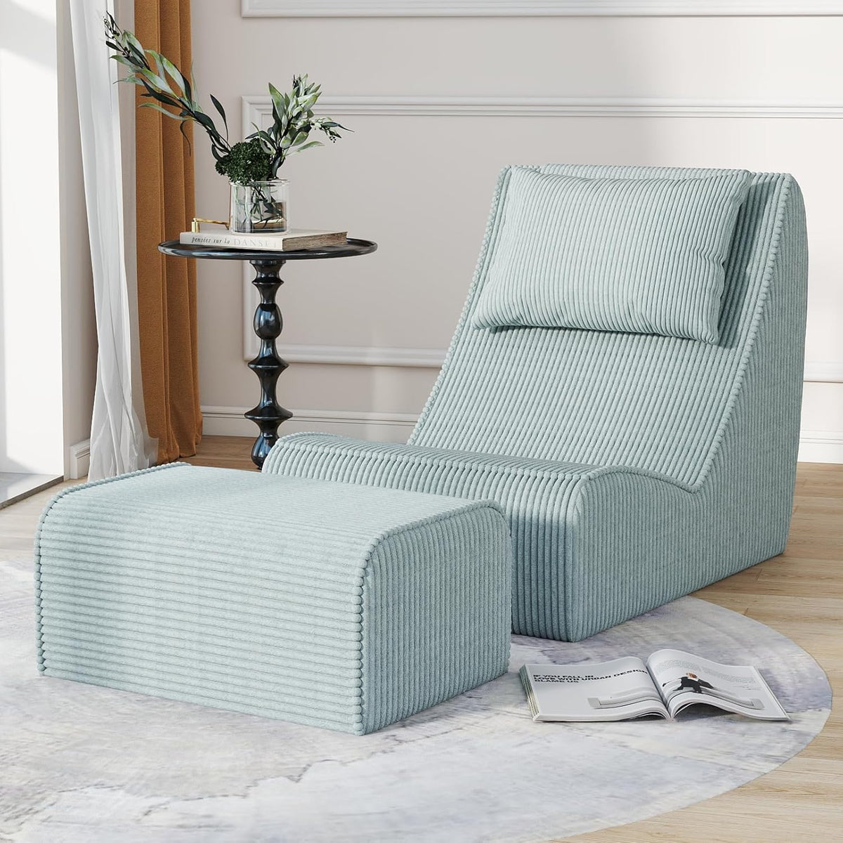Giant Bean Bag Chair for Adults,Corduroy Chaise Lounge with Unrivaled Back Support, Detachable Neck Pillow, Comfortable Ottoman & Washable Cover for Living Room, Bedroom, Garden(Mint Green)