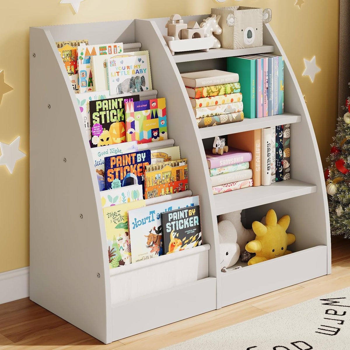 4 Tier Kids Bookshelf, 4 Layer Sling Kids Book Shelf for Kids Rooms,Wood Children Bookcase,Baby Storage Book Rack,Toddler Bookshelf, Book and Toy Organizer,Book Display Shelf for Bedroom, Nursery