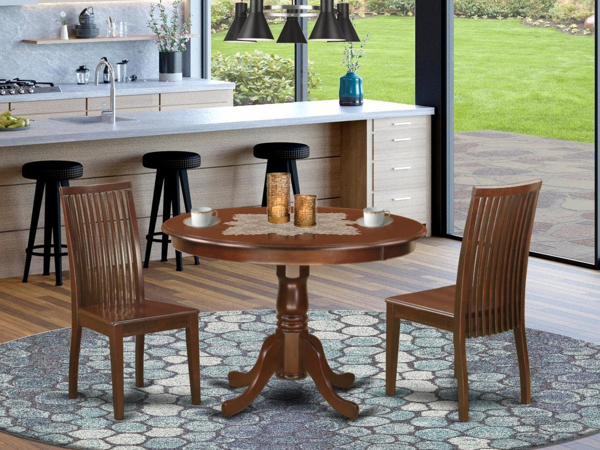 East West Furniture HLIP3-MAH-W 3 Piece Modern Dining Table Set Contains a Round Wooden Table with Pedestal and 2 Dining Chairs, 42x42 Inch, Mahogany