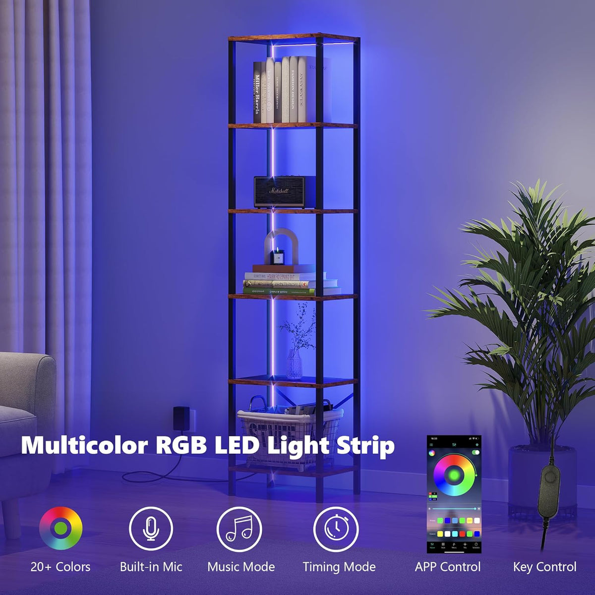 6-Tier Bookshelf, Tall Narrow Bookcase with LED Lights, Book Shelf with Steel Frame, Display Storage Shelf for Living Room, Bedroom, Home Office, Study, Balcony, Rustic Brown