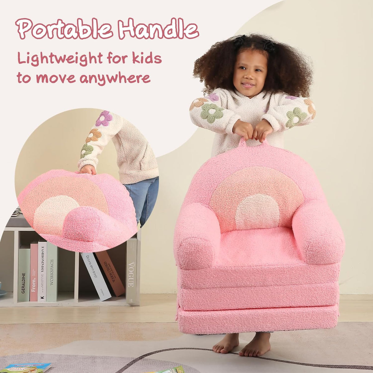 Foldable Kids Sofa, Comfy Rainbow Toddler Couch with Tri Folding Foam Cushions, Comfy Couch for Kid Age 3-6