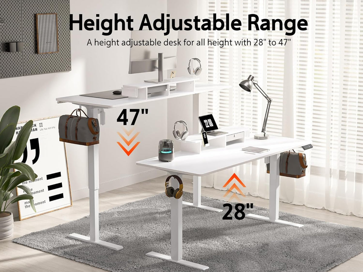 63x24 Inches Electric Standing Desk with Drawer and Monitor Stand, Height Adjustable Sit to Stand up Desk for Home Office, Ergonomic Computer Table with Phone Holder, 3 Hooks, White