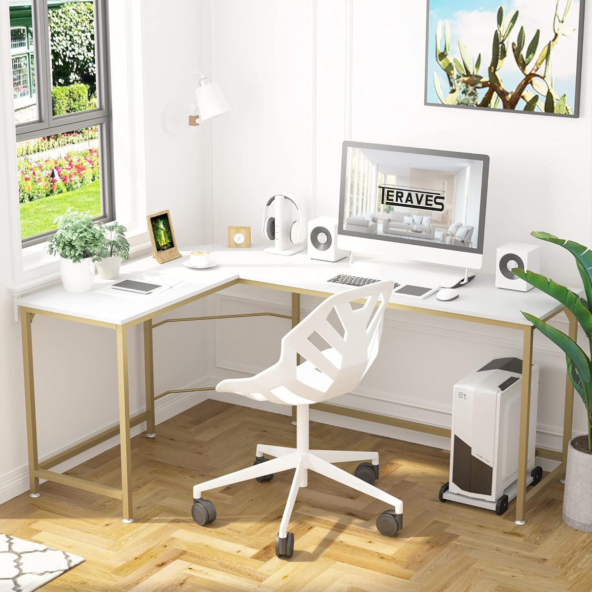 Teraves Reversible L Shaped Desk White - 57.9" Corner Gaming Computer Desk, Office Workstation Modern Home Study Writing Wooden Table
