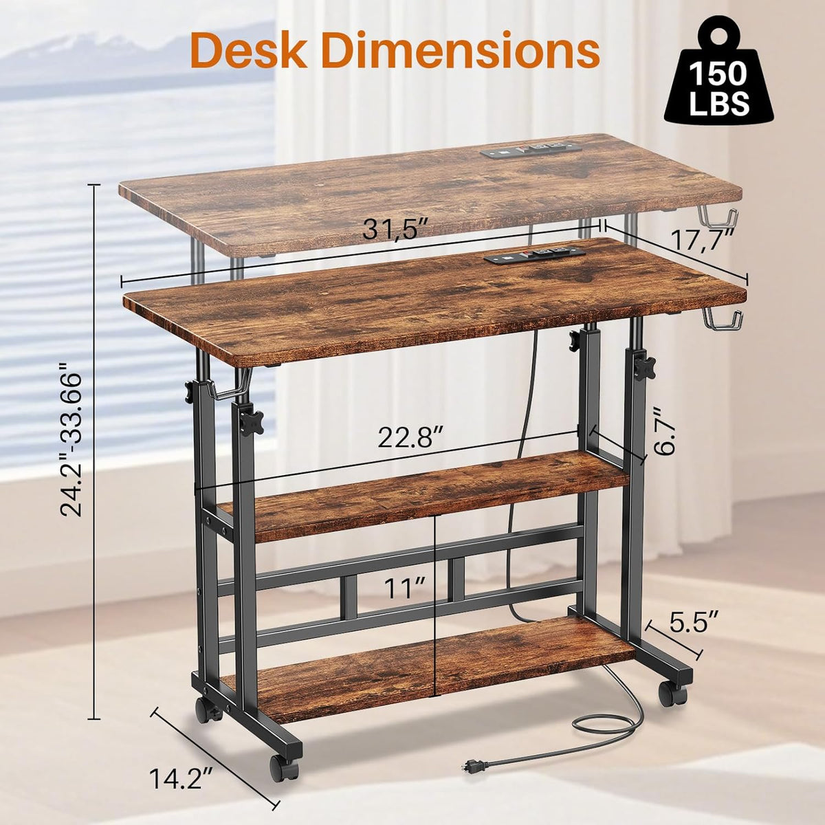 Adjustable Height Standing Desk with Power Outlets, Rolling Stand Up Desk with Storage Shelves, 31.5" Small Mobile Computer Desk, Portable Laptop Table (Brown)