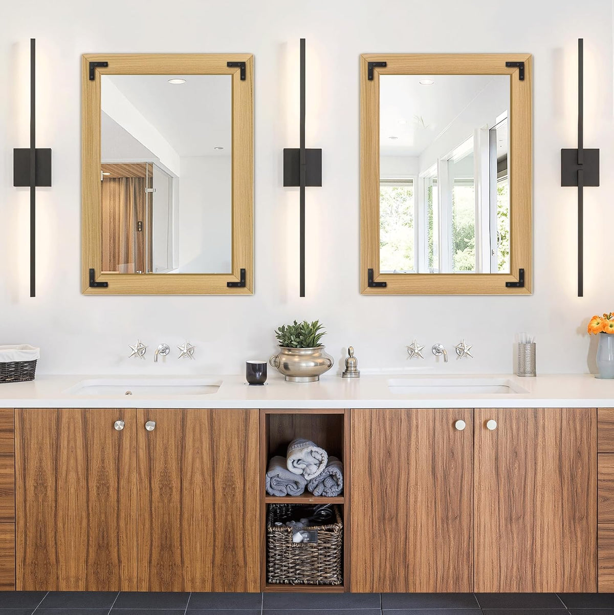 Bathroom Mirror for Wall with Wooden Frame, 20"x28" Solid Wood Vanity Mirror for Farmhouse, Bathroom, Bedroom, Vertical or Horizontal Hanging(Natural)
