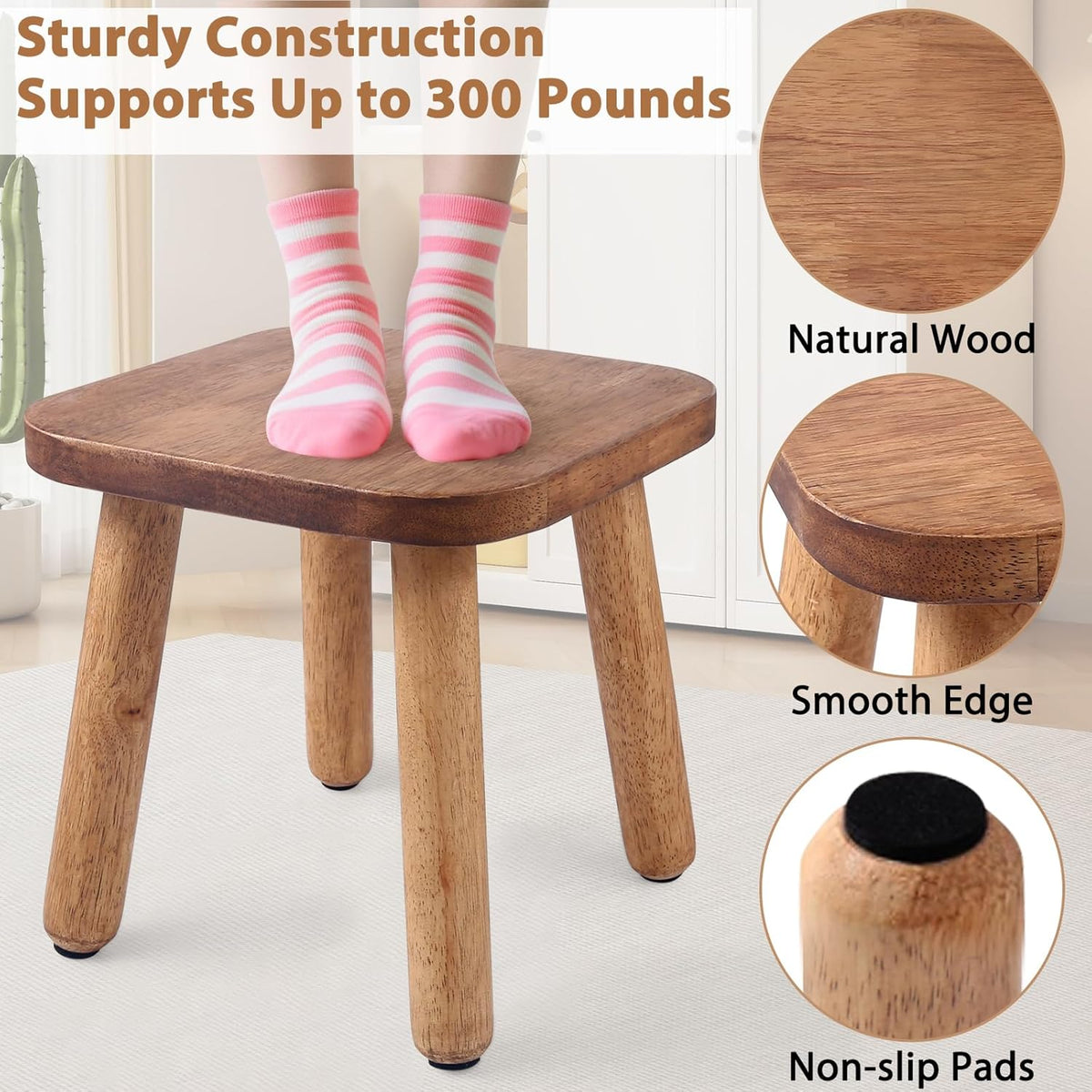9.3 Inch Wooden Step Stool for Adults and Toddlers, Portable & Sturdy, Plant Stool with Four Detachable and Assembled Legs for Playroom, Kitchen, Bedroom, Bathtub-Walnut