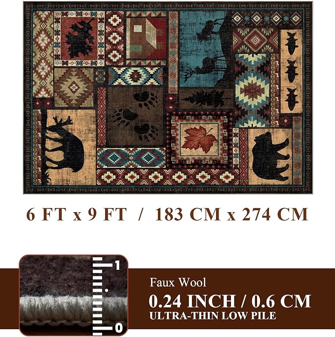 YIHOUSE Rustic Cabin Area Rug 6x9, Machine Washable Lodge Bear Rug, Non-Slip