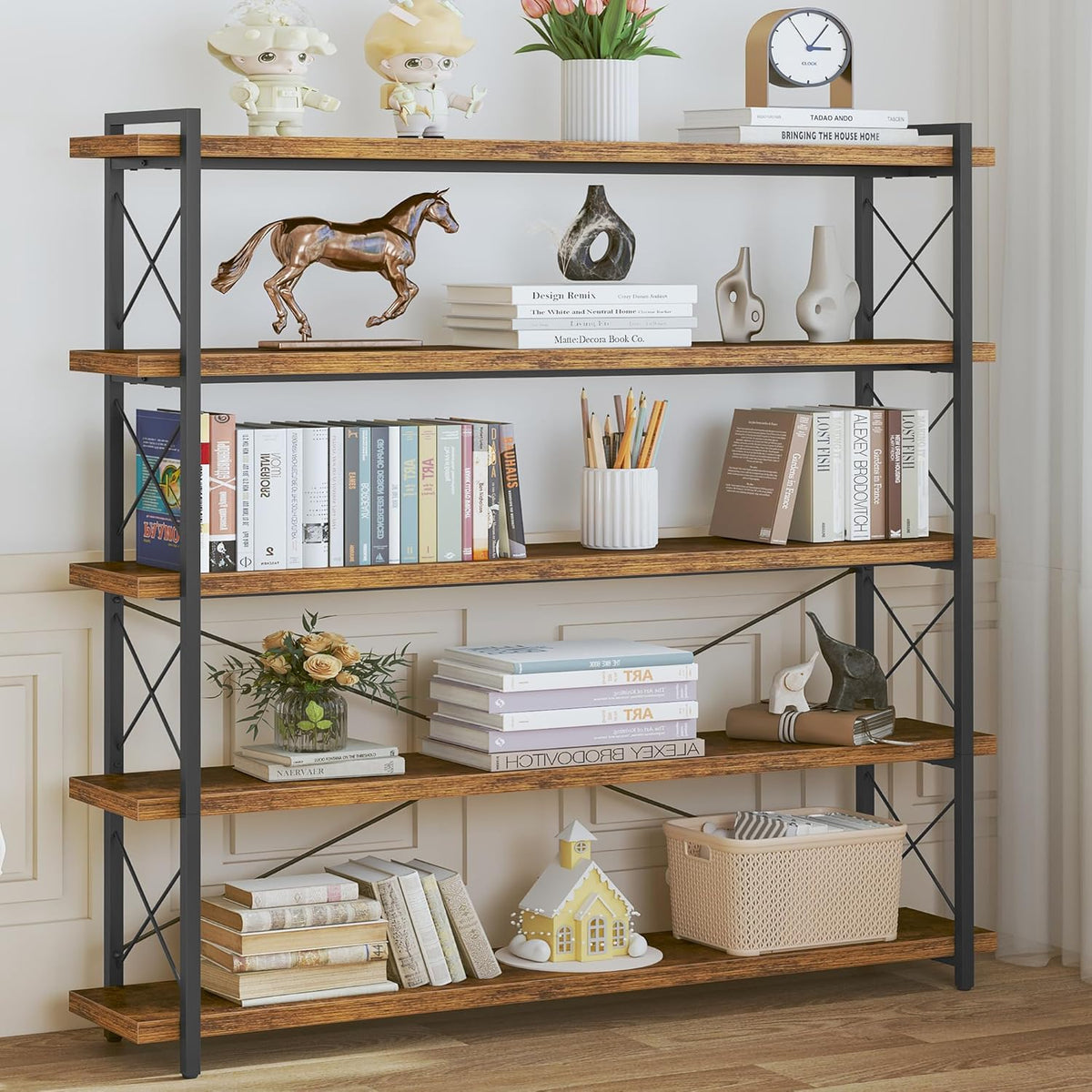 HCHQHS Large Bookshelf, 5-Tier Long Industrial Bookcase, Rustic Brown Book Shelf, Freestanding Horizontal Bookshelves with Metal Frame