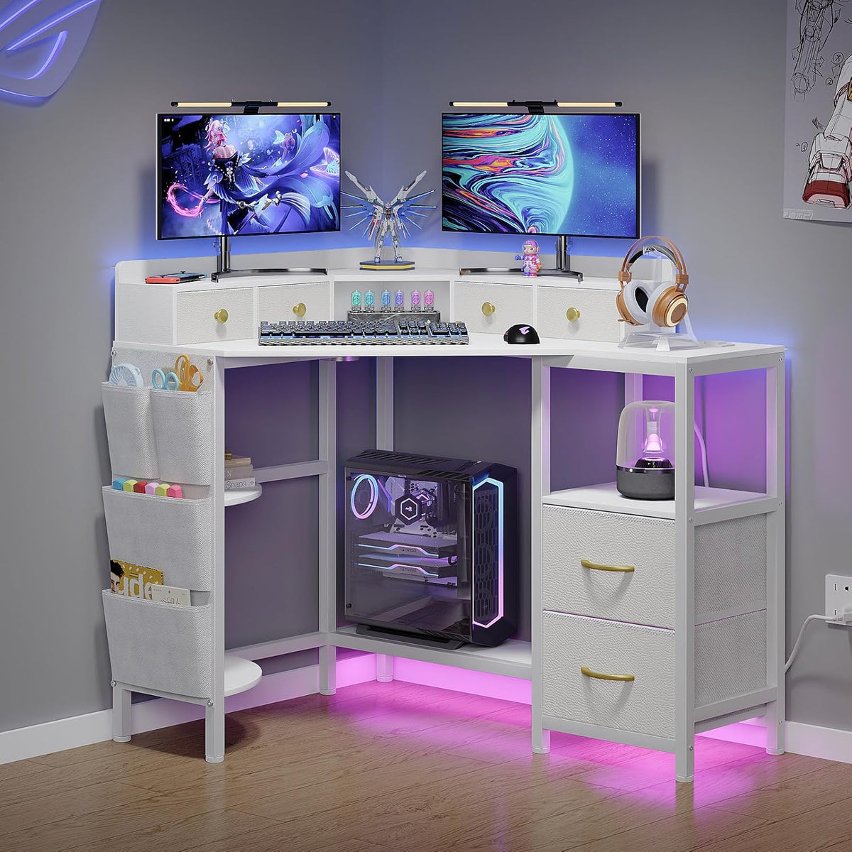 Corner Desk with 6 Drawers Shelves for Small Space Computer Desk with Power Outlets,Gaming Desk with Printer Monitor Stand Storage for Home Office Workstation Writing Table (White, 31.5)