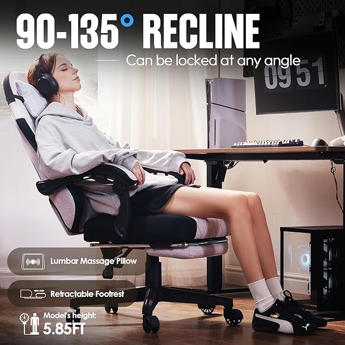 Dowinx Fabric Gaming Chair, Ergonomic Computer Chair with Footrest and Pocket Spring Cushion, Height Adjustable Video Gamer Chair with Lumbar Support for Adults, White Grey