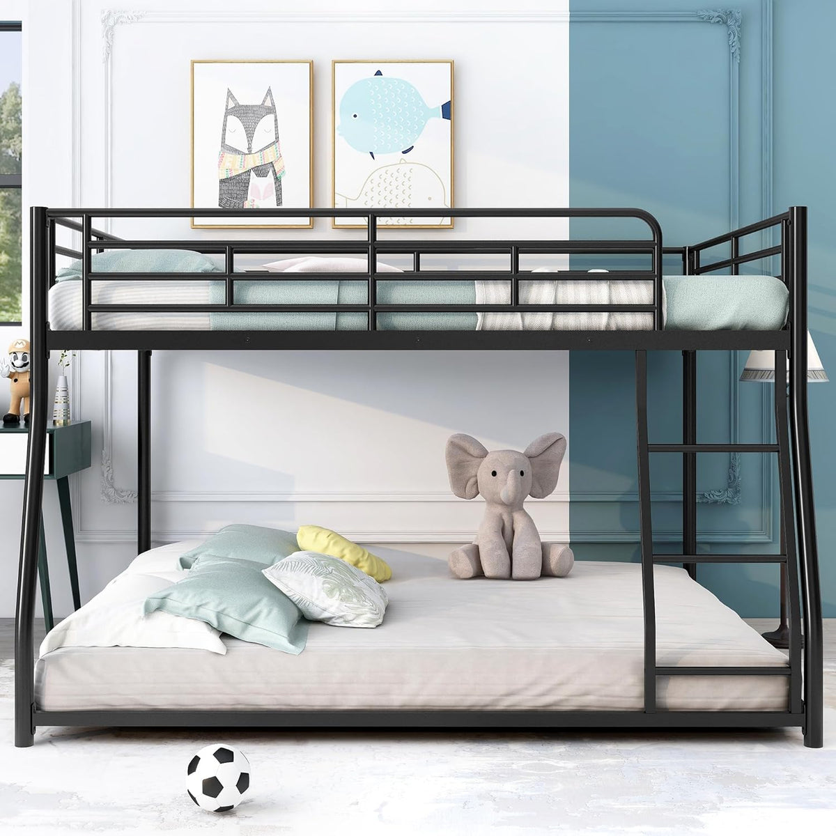Full XL Over Queen Metal Floor Bunk Bed with Sloping Stairs and Safety Guardrails for Bedroom,Guest Rooms, No Box Spring Needed, Simple to Assemble,Black