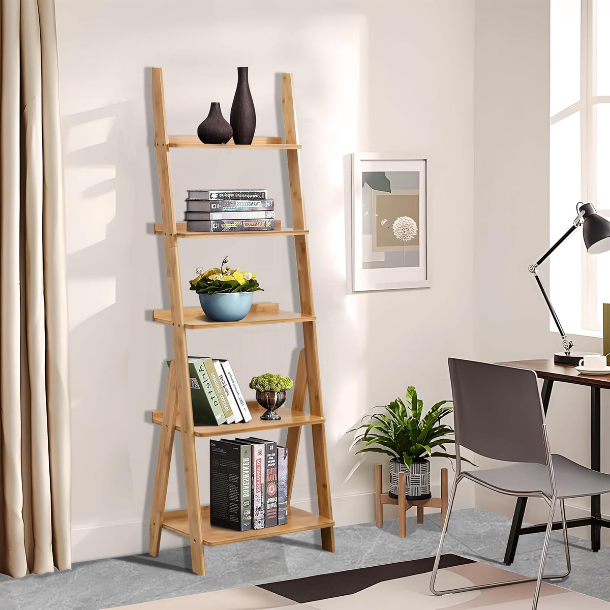 DOUSY- 5-Tier Bamboo Ladder Shelf Ladder Bookshelf Plant & Flower Stand Bookcase, Freestanding Storage Rack Organizer Display Shelf for Living Room, Home Office, Bedroom, Balcony, Natural Wood
