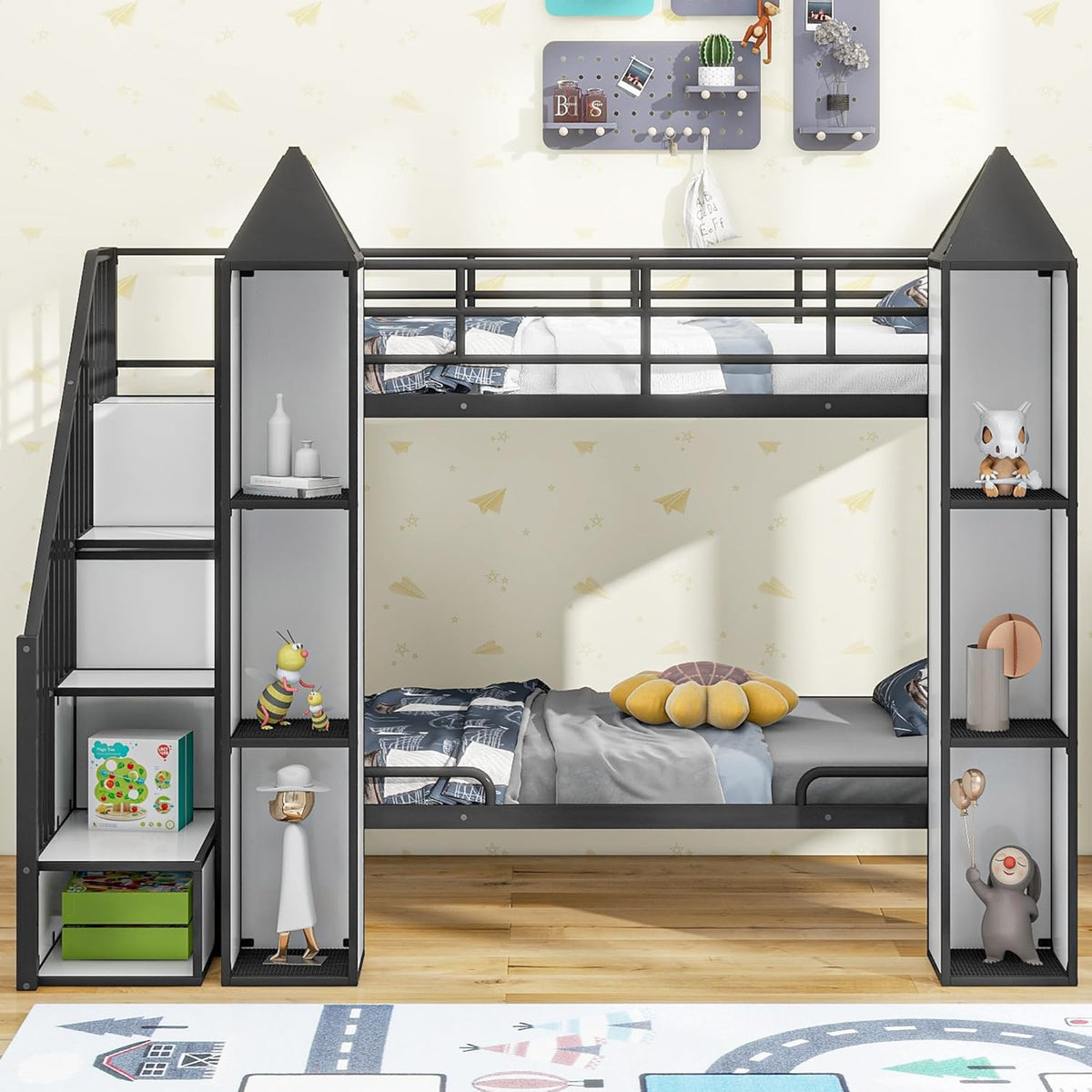 Twin Over Twin Castle-Shaped Bunk Bed with Wardrobe,Open Storage cabinets,a Storage Staircase and guardrails,Metal Stairway BunkBed for Kids Boys/Girls/Teens,Black+White