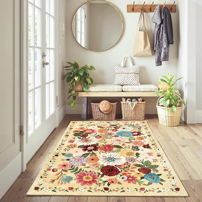 Floral Machine Washable Rug, 3x5 Rug Non Slip Soft Bedroom Rugs