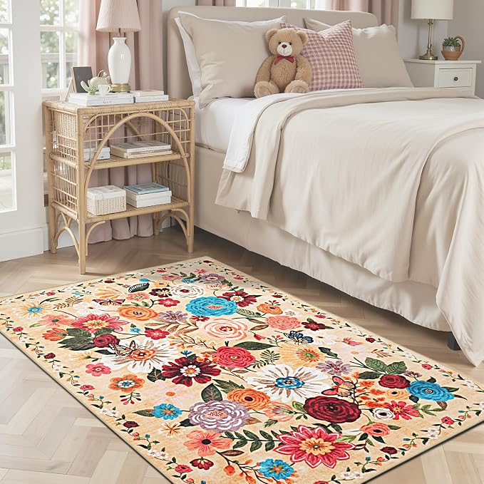 Floral Machine Washable Rug, 3x5 Rug Non Slip Soft Bedroom Rugs