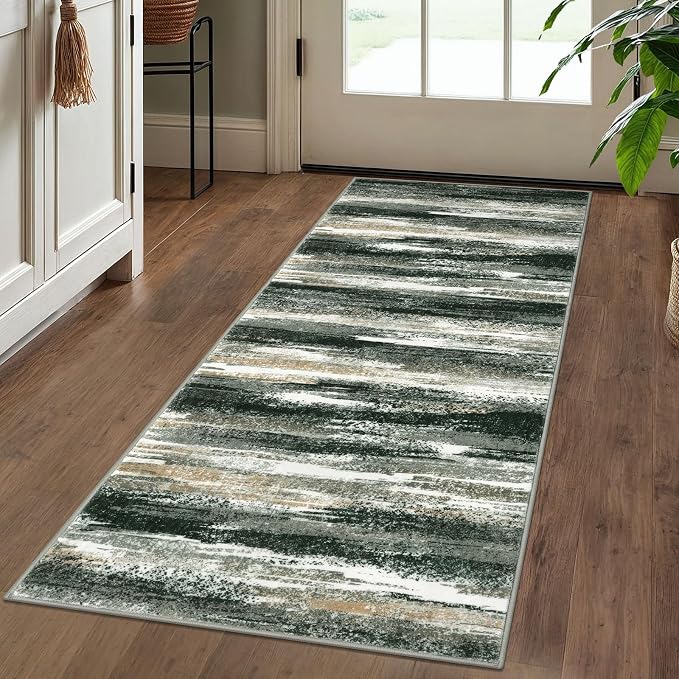 Lansny Modern Abstract Runner Rug 2x5, Forest Green Washable Entryway Kitchen