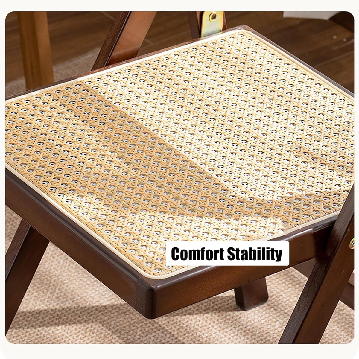 KISKIS Wooden Rattan Folding Chairs Portable Save Space Kitchen Dining Chair for Balcony Living Room, with Mesh Elastic Seat and Curved Back, 400LBS,1 Pack