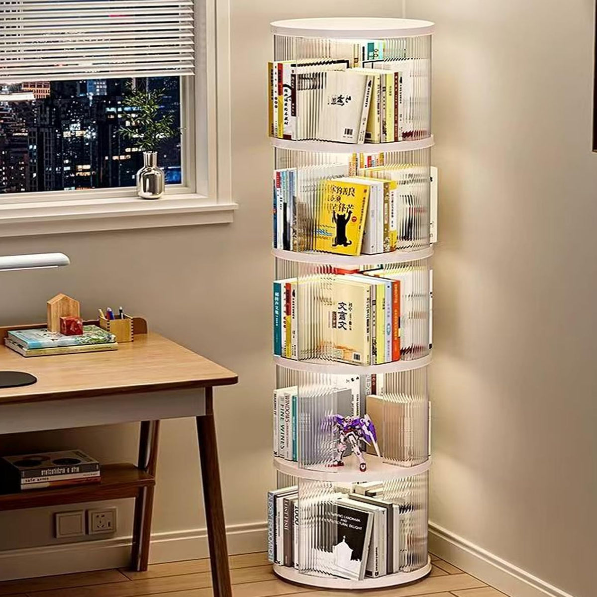 Rotating Bookshelf Tower,360° Rotating Bookshelf,66 inch High Small Space Revolving Bookcase, Suitable for Spinning Bookshelf Tower in Home and Office (White, 5 Tier, 16x16x66)