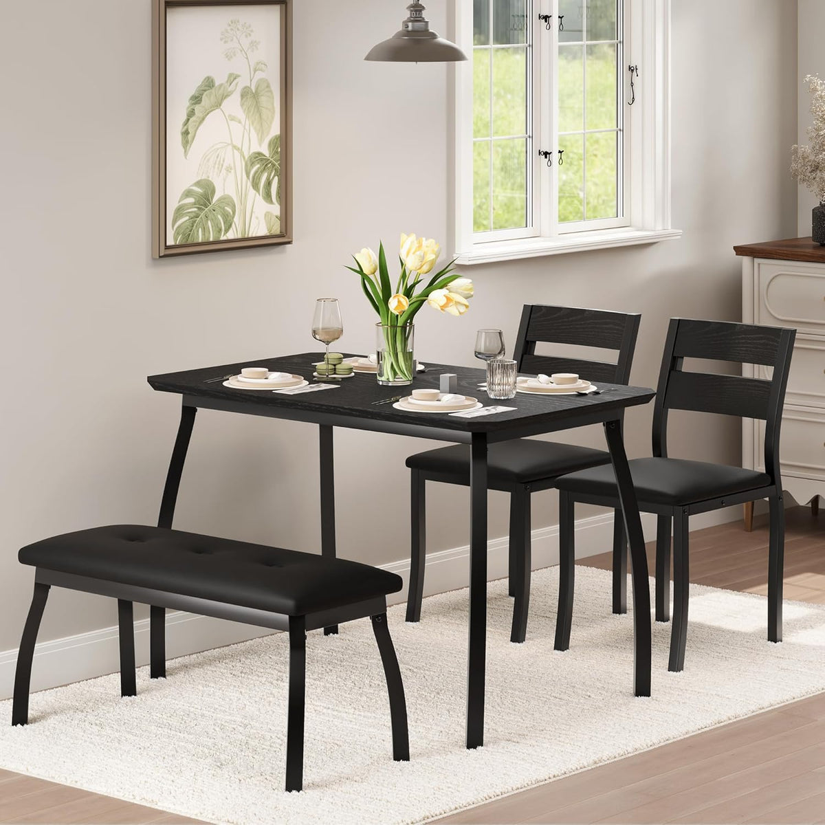 4 Piece Farmhouse Dining Table Set for 4, Space Saving Rustic Kitchen Table with 2 Padded Chairs & Bench, Small Breakfast Nook Furniture Set for Dining Rooms, Apartments, Black