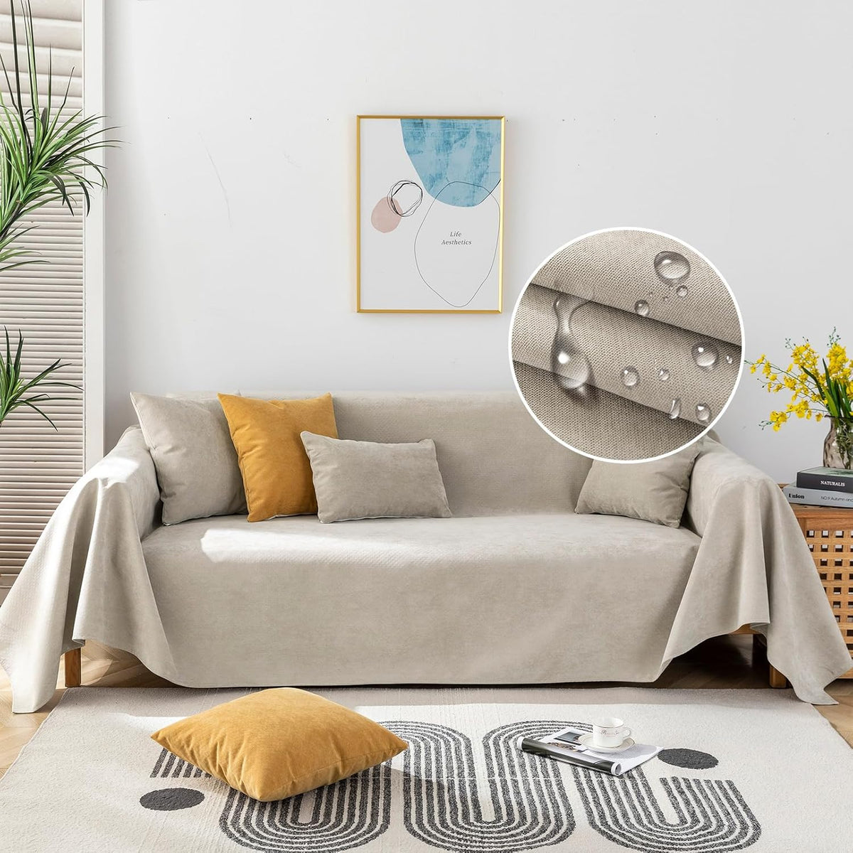 STACYPIK Waterproof Sofa Covers Durable Beige Sectional Couch Cover L Shape for Kids Dogs Pet Protector Non-Slip Sofa Slipcover for 3-4 Cushion Couch Multi-Use Leak-Proof Couch Cover-71X150IN