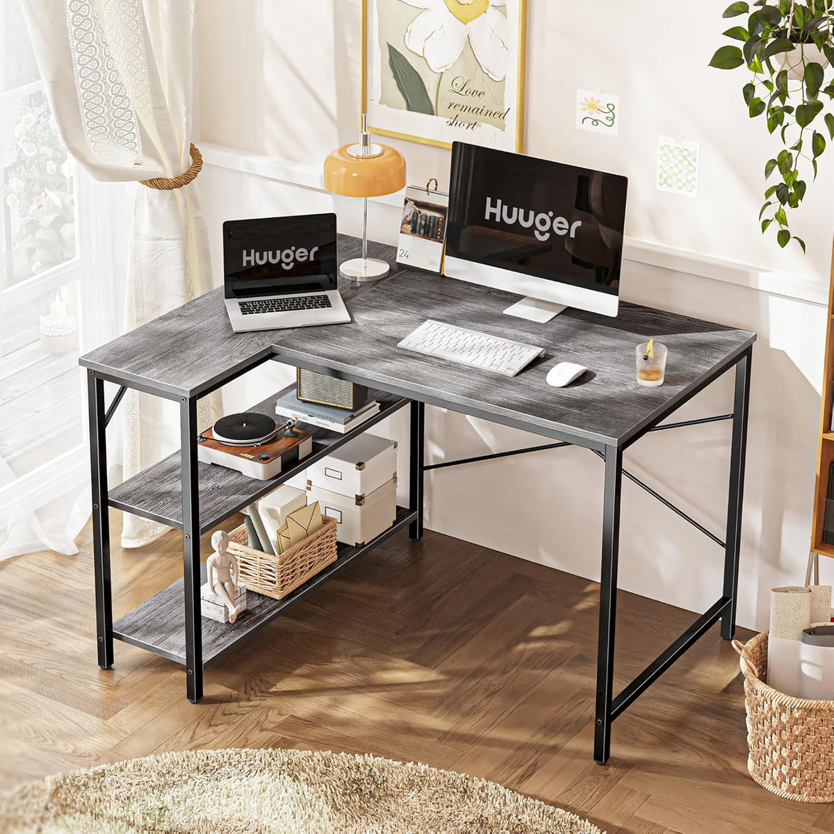 Huuger L Shaped Desk, 39 Inches Computer Desk with Reversible Storage Shelves, for Gaming Corner Home Office Writing Study, Metal Frame, Gray