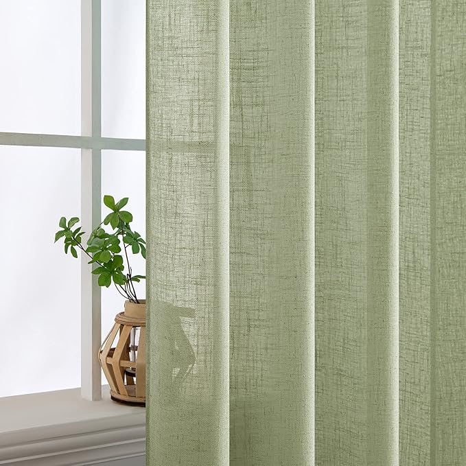 MIULEE Sage Green Linen Curtains 54 Inch Length 2 Panels