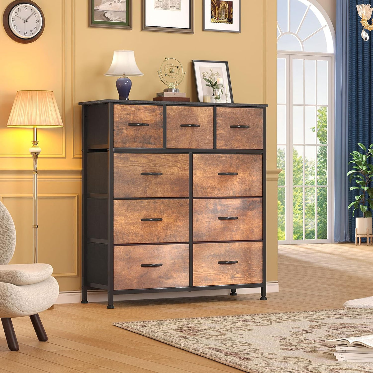 DWVO Dresser with 9 Drawers - Fabric Storage Tower, Organizer Unit for Living Room, Hallway - Sturdy Steel Frame, Wooden Top & Easy Pull Fabric Bins