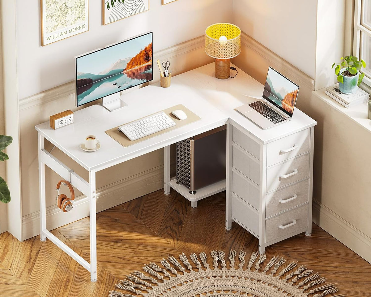 Casaottima L Shaped Desk with 4 Drawers, 40" Small White Computer Desk with Storage, Reversible Kids Study Desk with CPU Stand & Hook, Corner Desk for Home Office