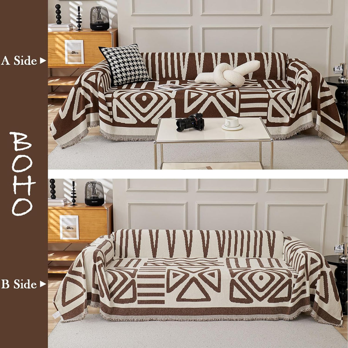 HANDONTIME Chocolate Boho Couch Cover Reversible Sofa Covers for 3 Cushion Couch Washable Couch Sofa Cover for Dogs Dark Couches Covers Chenille Couch Protector Couch Covers for Sofa, 59" X71"
