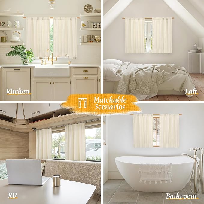 LAMIT 48 Inch Short Window Linen Curtains, Light Beige Soft Thick Light