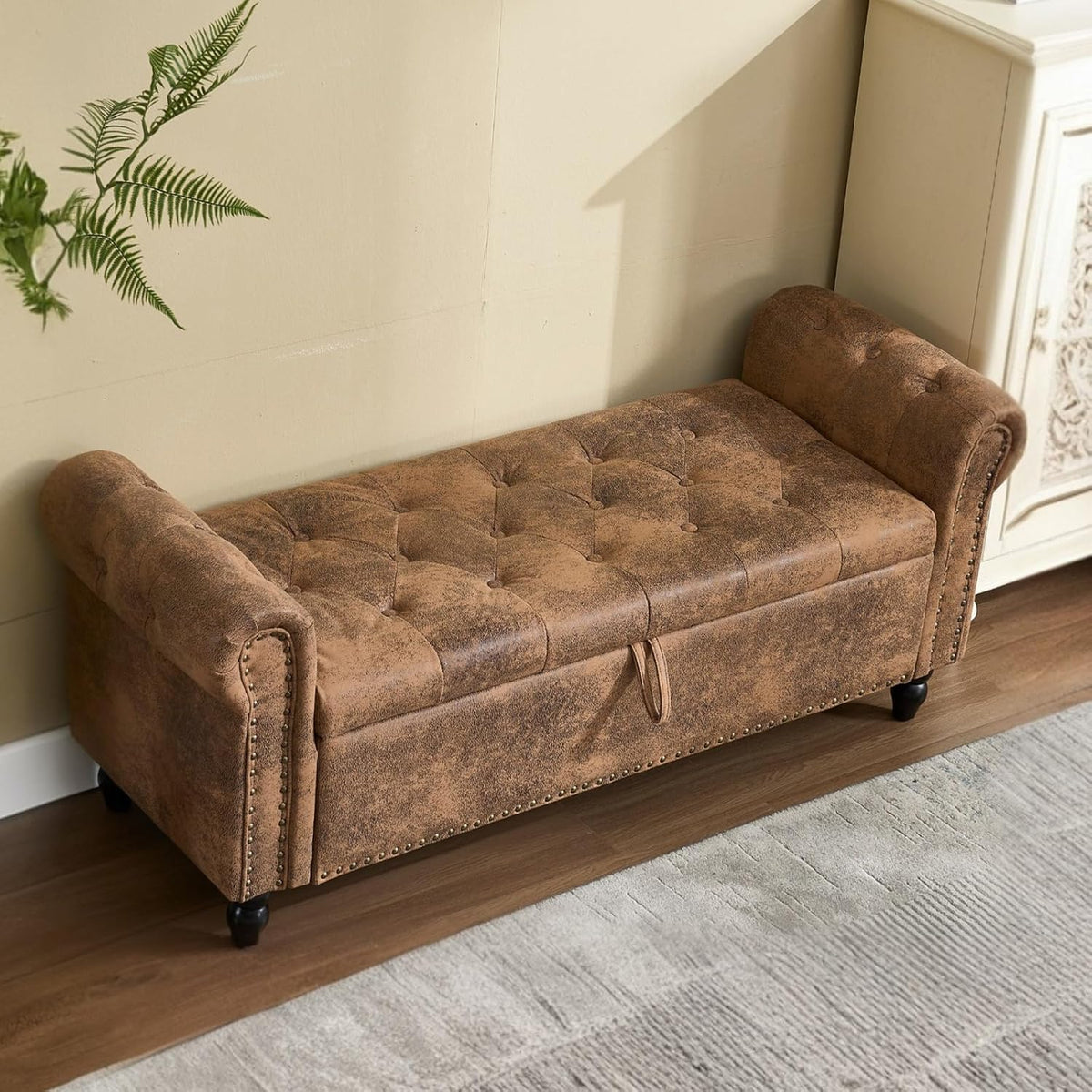 Furniliving 55” End of Bed Bench, Bedroom Bench with Button-Tufted, Large Upholstered Storage Ottoman Entryway Bench with Storage Shoe Cabinet Bench, for Bedroom, PU, Coffee