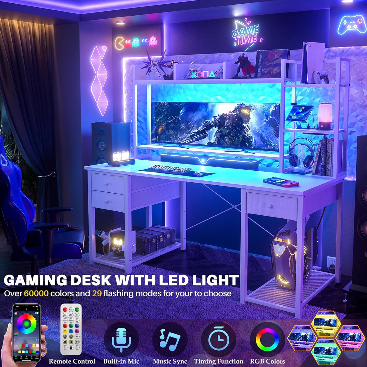Aheaplus LED Gaming Desk with Hutch, 55.2" Workstation - White