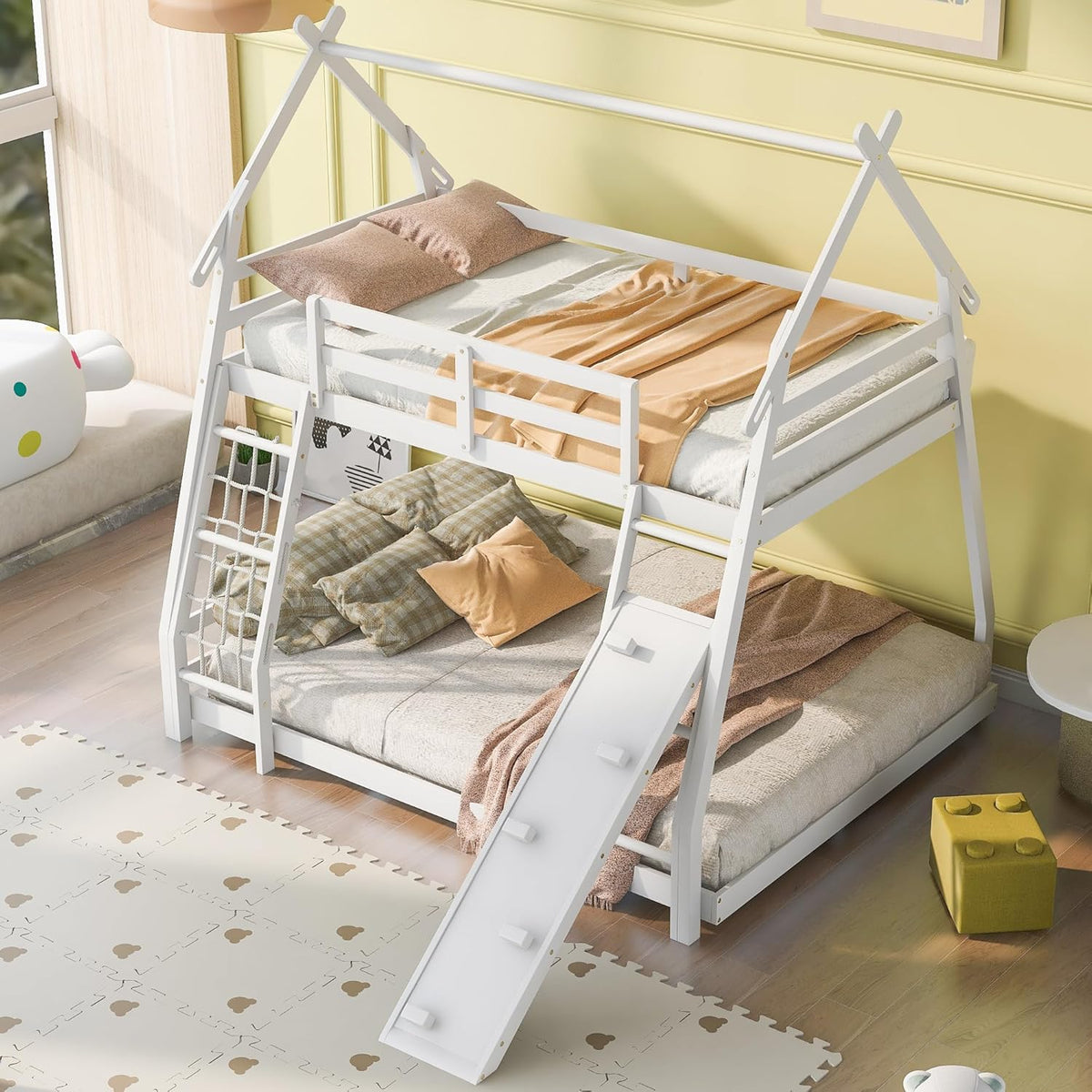 Twin Over Queen House Bunk Bed with Climbing Nets and Climbing Ramp for Kids Teens Boys Girls,Solid Wood Bunk Bed Frame with Safety Guardrails,Playful Design,White