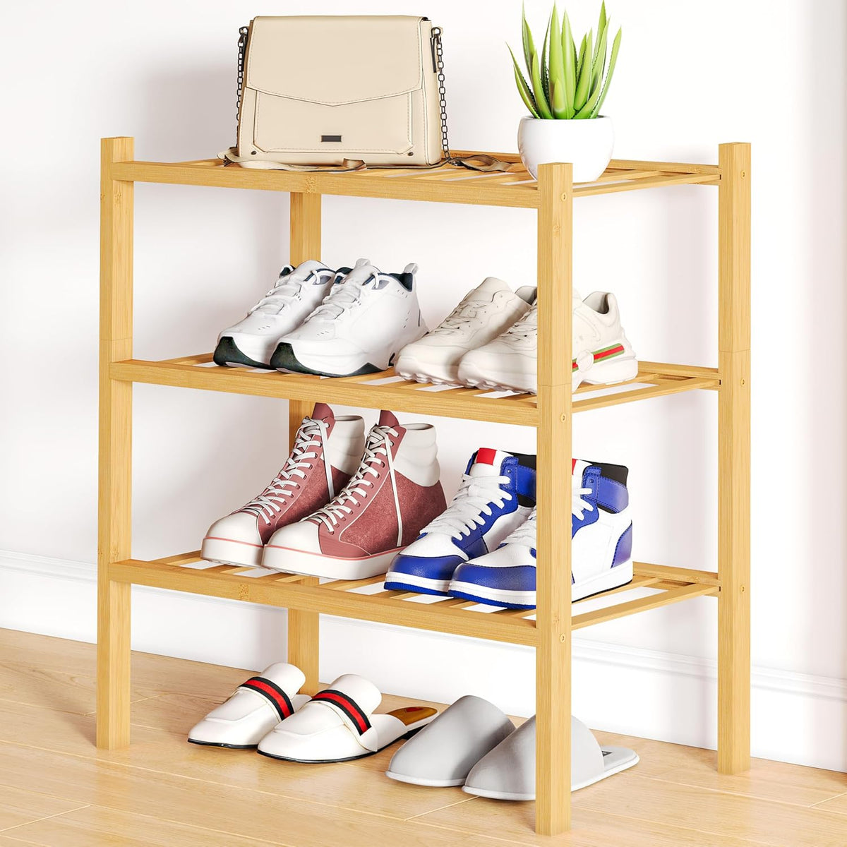 Smiry Shoe Rack, 3 Tier Small Bamboo Shoe Organizer, Stackable Free Standing Wooden Shoe Storage Shelf for Closet, Entryway, Front Door Entrance, Natural