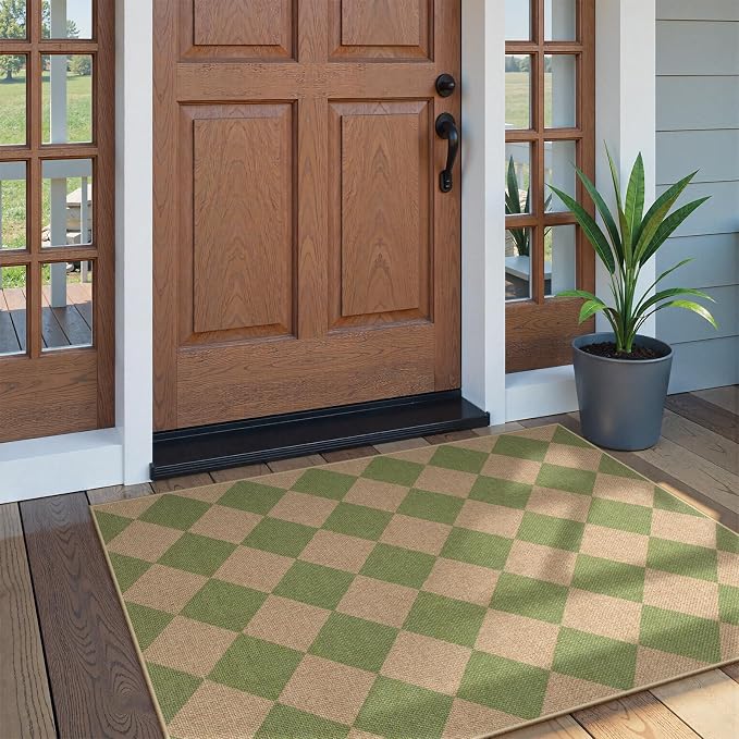 Lahome Colette Green Checkered Easy Jute Rug, 3x5 Washable Outdoor Rug Neutral