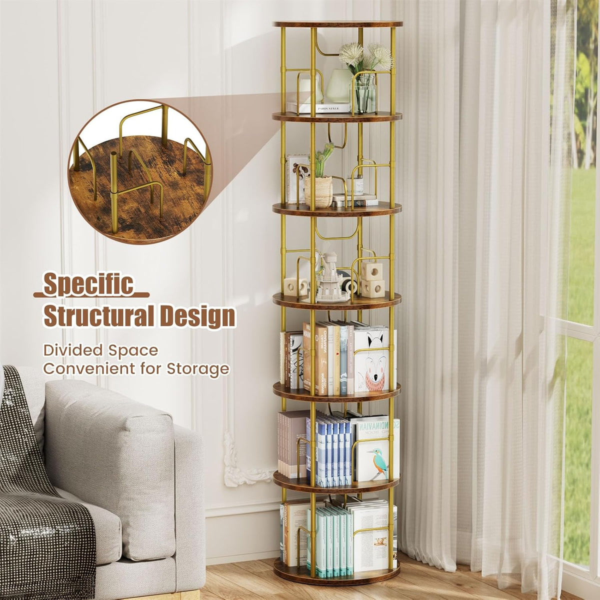 6 Tier Rotating Bookshelf, 360 ° Display Stackable Spinning Bookshelf Tower, Corner Bookshelf Tall Floor Standing Swivel Bookcase Narrow Storage Organizer for Bedroom, Living Room, Gold