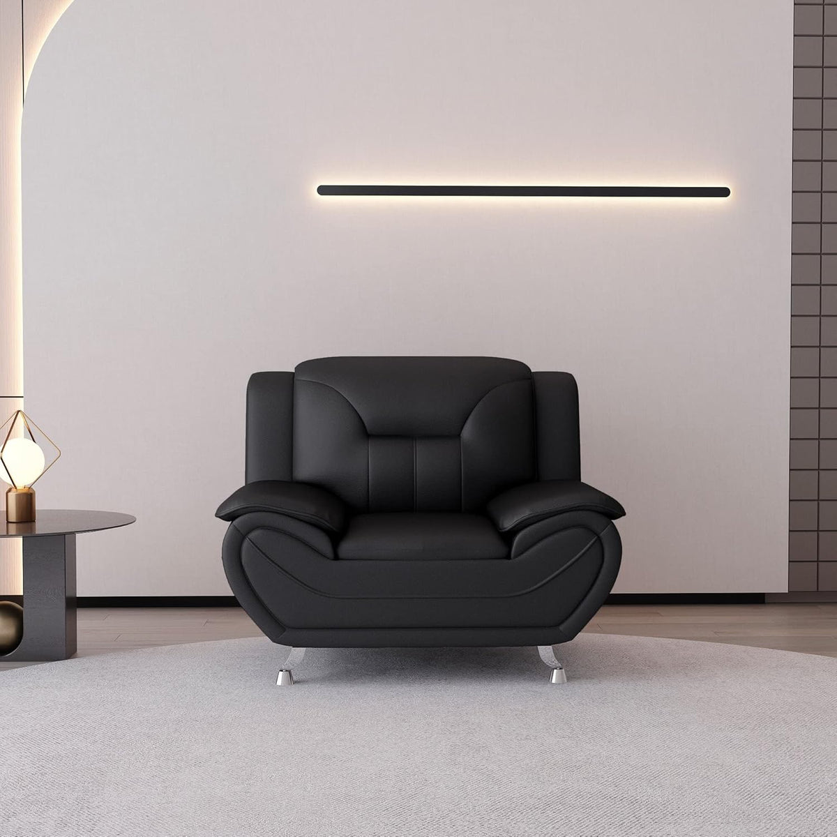Container Furniture Direct Michael Modern Faux Leather Upholstered Stainless Steel Legs Living Room, Chair, Black