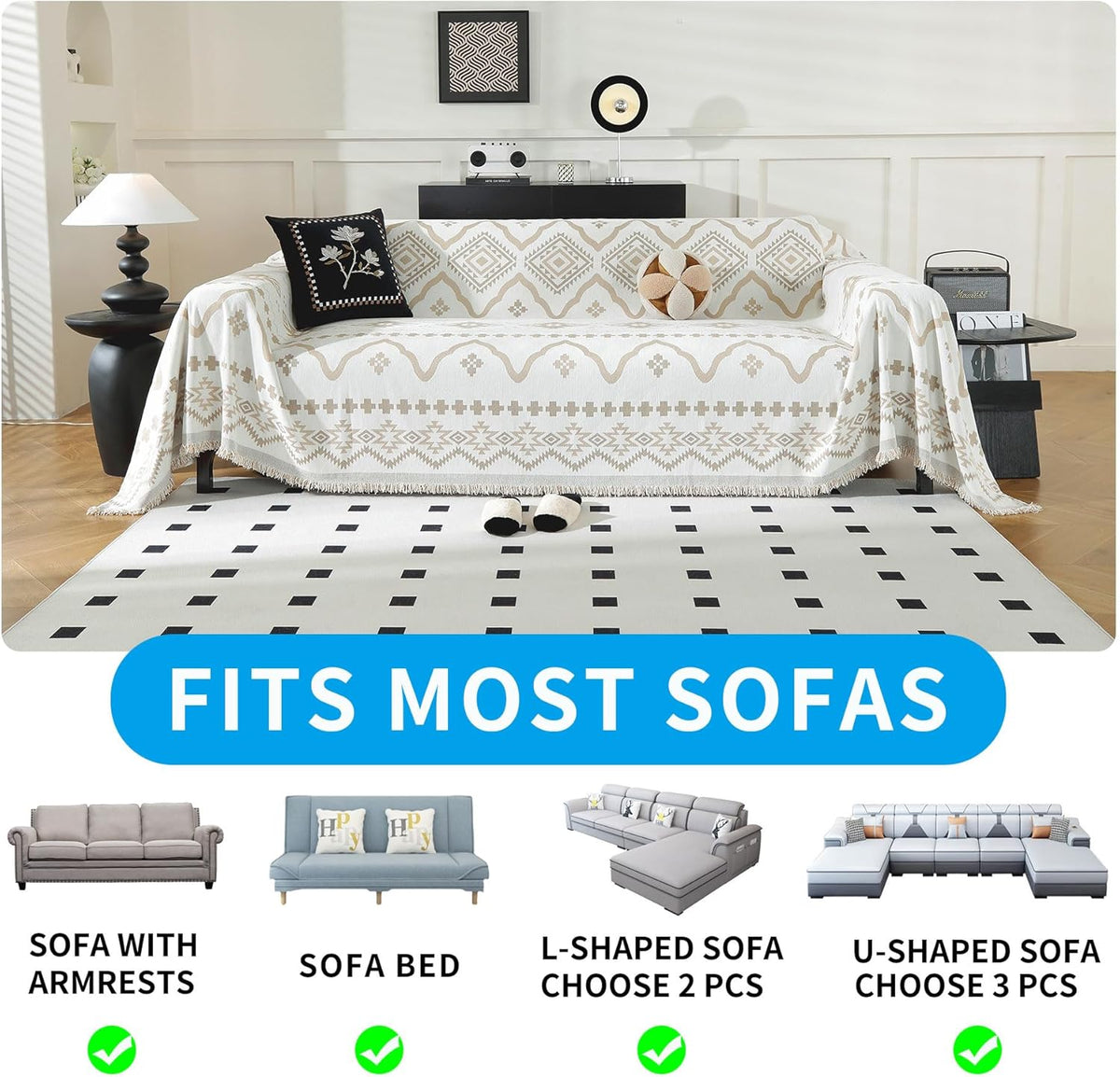 LUFEIJIASHI Boho Couch Covers for Sofa Non Slip Sofa Covers Washable Couch Covers for 3 Cushion Couch Sofa Pet Friendly Sectional Couch Cover Blanket Furniture Protector for Dogs (Khaki, 91"x150")