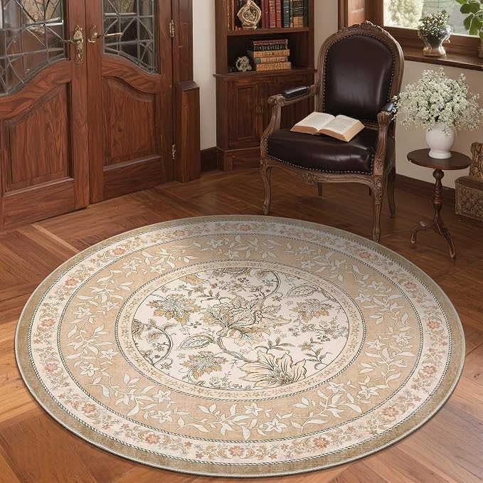 GarveeHome Pinkish Brown Botanical Grove 5ft Round Rug, Small Circle Vintage