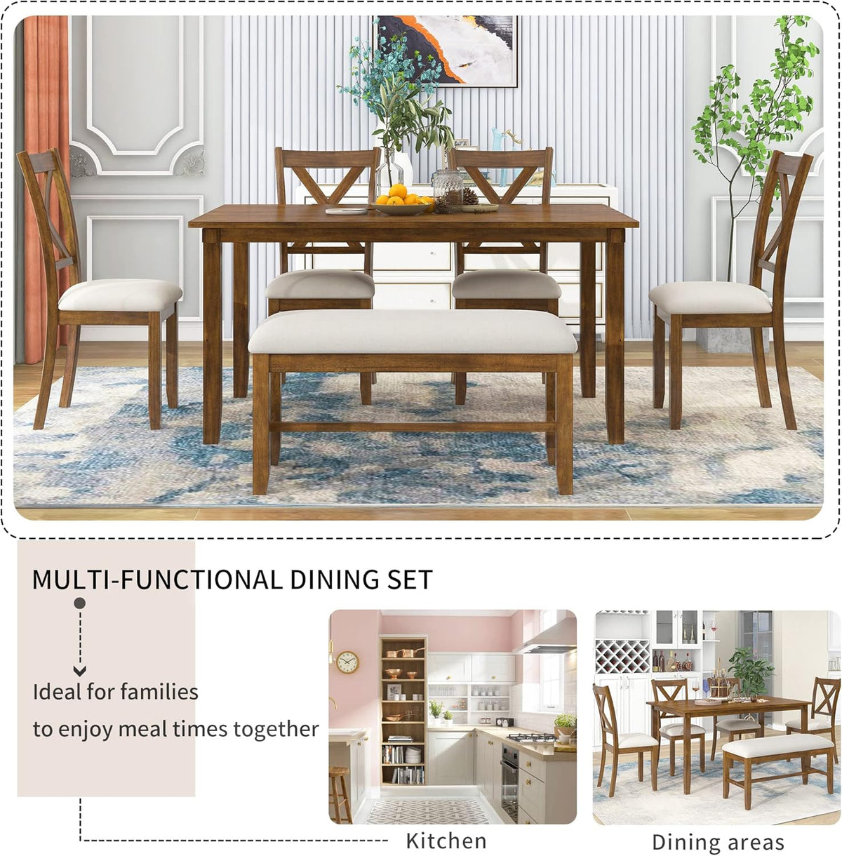 6 Pieces Dining Table Set with 60" Rectangle Kitchen Desk,Living Room Furniture W/ 4 "X-Shaped Curved Backres Fabric Chairs & 1 Bench,for Restaurant,Home Bistro,Natural Cherry