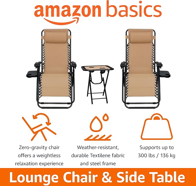 Amazon Basics Outdoor Patio Mesh Adjustable Zero Gravity Lounge Chair Recliners set of 2 with Side Table, 35 x 26 x 43 inches, Beige